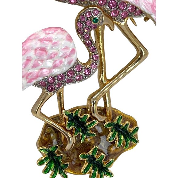 Tropical Pink Rhinestone Crystal Flamingo Mother Baby Chick Enamel Brooch Pin - Picture 6 of 8